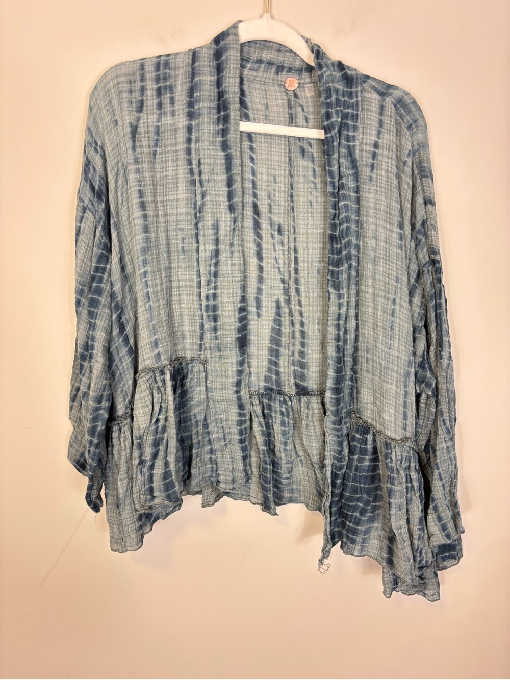 Free People Blue Tie-Dye Open Cardigan with Ruffle Hem XS-S